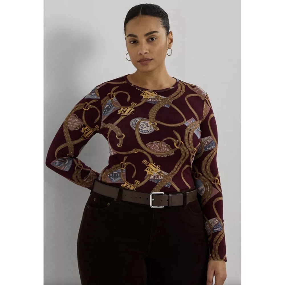 Lauren Ralph Lauren Plus Belting Print Cotton Long Sleeve T-Shirt Equestrian